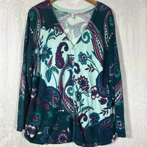 Isaac Mizrahi Live! Cardigan XL Teal Floral Paisley Long Boxy Button